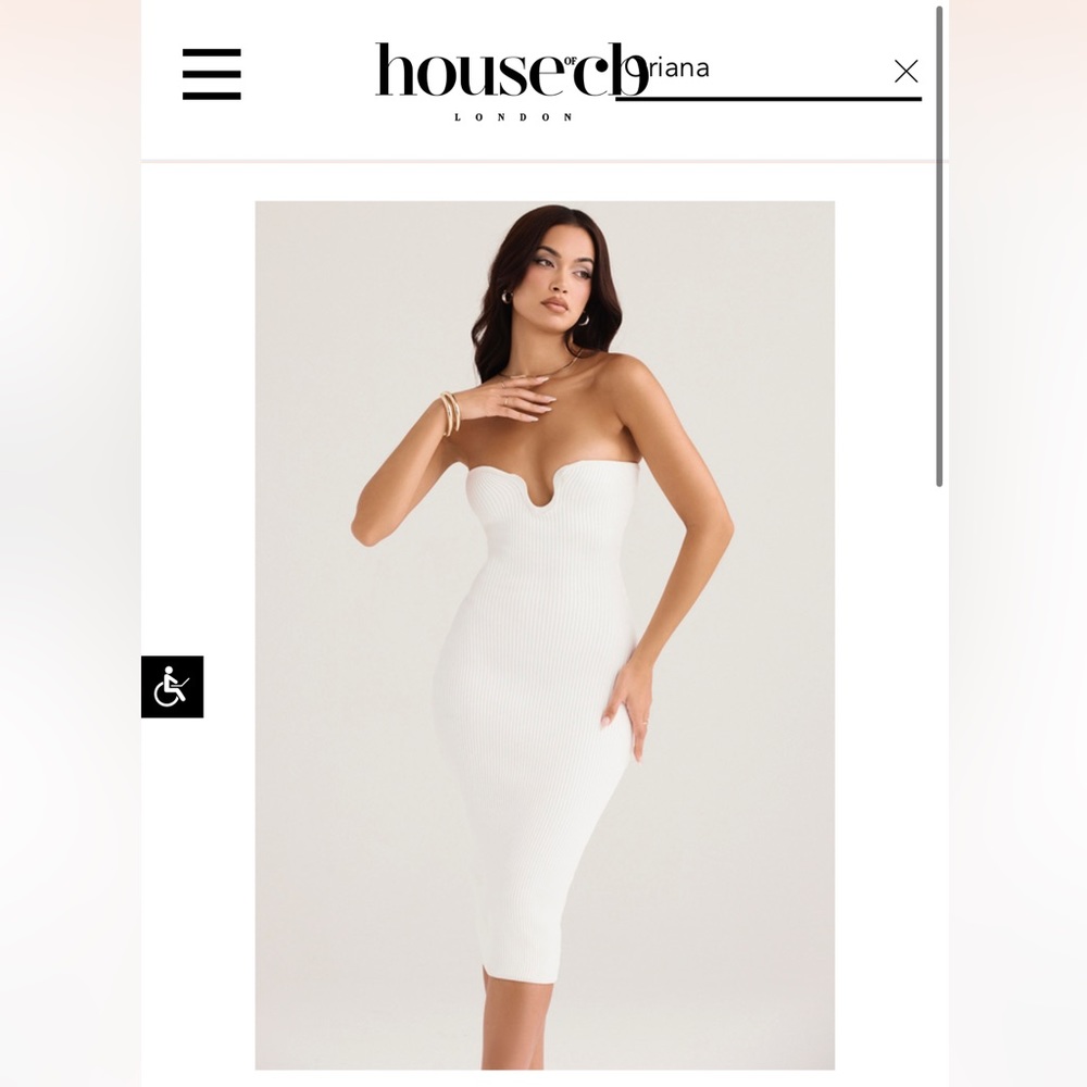 House of CB ORIANA WHITE RIBBED KNIT STRAPLESS MIDI DRESS